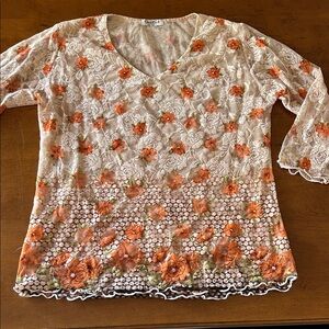 Vintage Get Rich Mesh See thru Orange and Cream Floral Lace Blouse